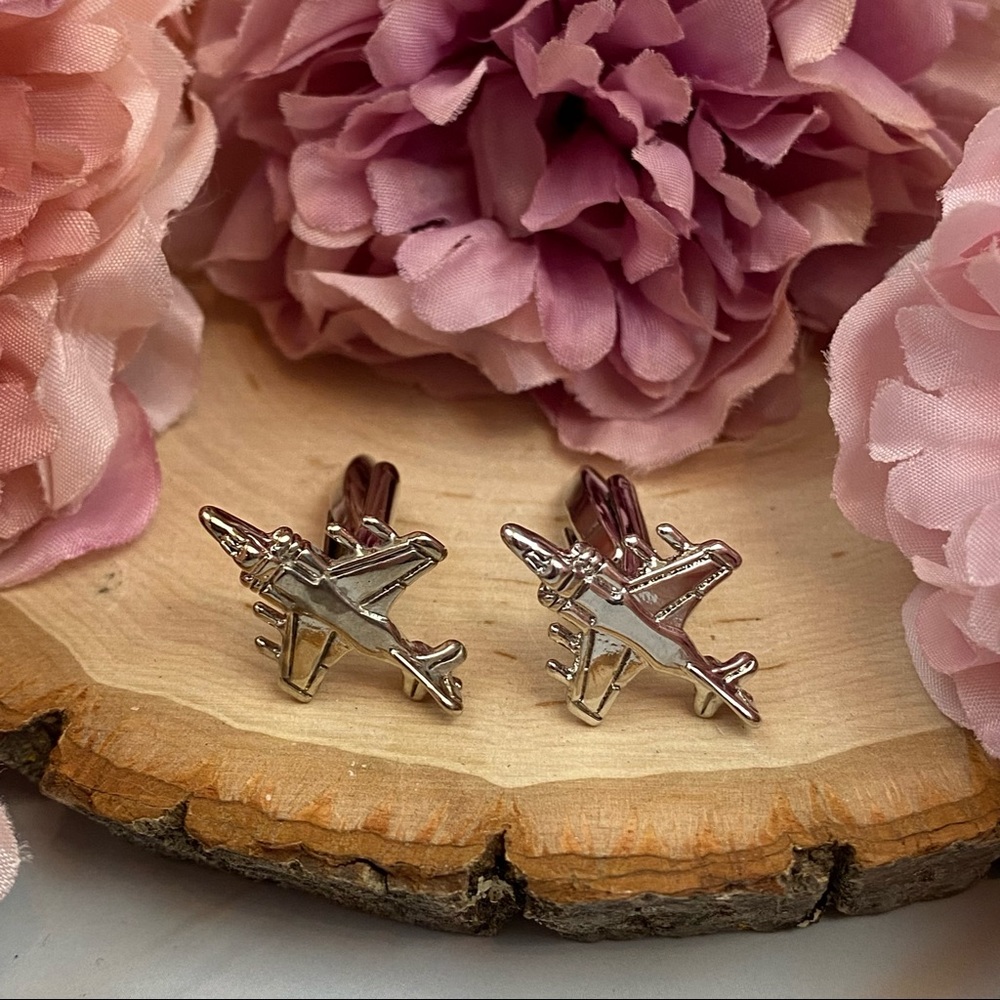 Silver Military Fighter Jet Airplane Cufflinks - Picture 4 of 15